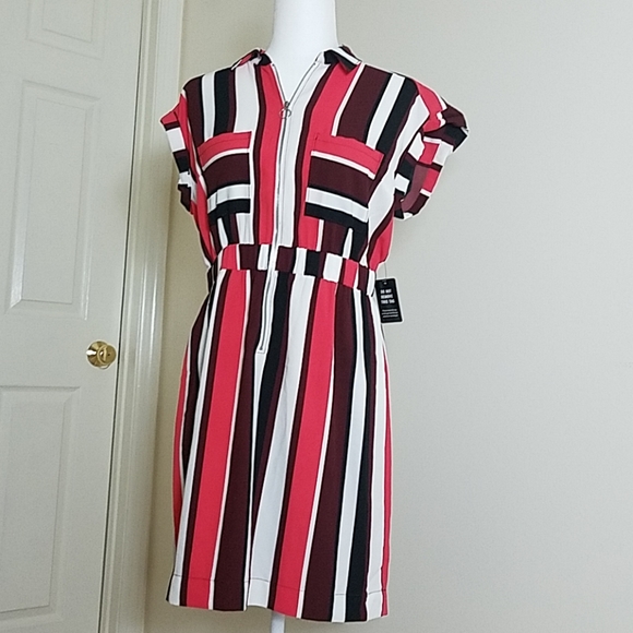 Express Dresses & Skirts - Express Coral stripe roll sleeve zipper dress